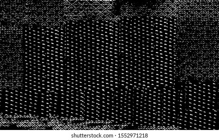 Broken plaster wall effect. Grunge worn damask pattern design. Distressed fabric texture. Overlay texture design. Vector illustration. Eps10.
