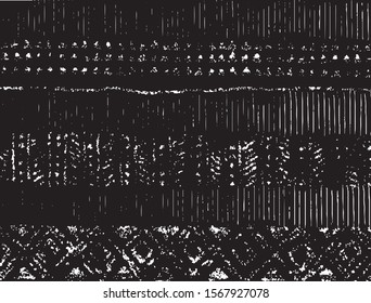 Broken plaster wall effect. Grunge worn damask pattern design. Distressed fabric texture. Overlay texture design. Vector illustration. Eps10.