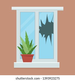 Broken plastic window on a white background. Flat vector illustration.