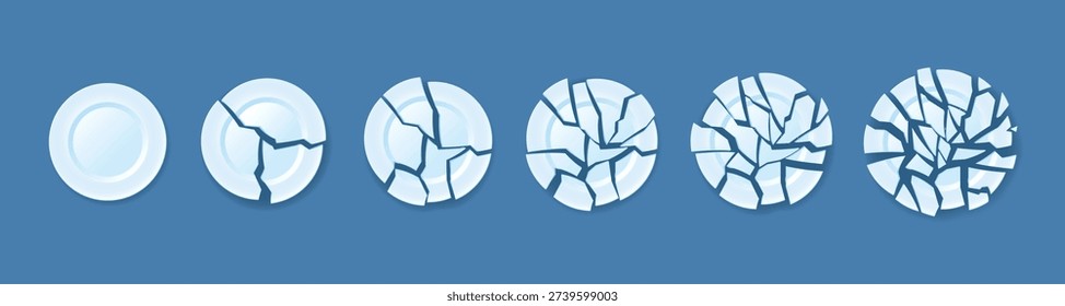 Broken plate. Shattered ceramic plates, porcelain dish damage stages crockery crack break piece kitchen tableware shard split empty circle dishes, qualitative vector illustration