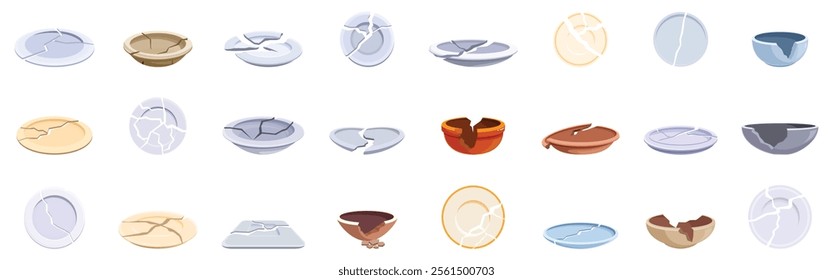 Broken plates icons set. Set of broken ceramic kitchenware featuring various cracks and chips, illustrating damage and fragility