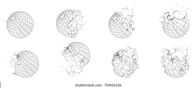 Broken Polygonal Wireframe Sphere. Fractured Geometric Form. Lines Network Polygons Of Circle - Illustration Vector