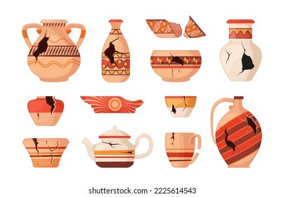 Broken pottery. Old damaged ancient ceramic vase pot urn plate jug mug, vintage cracked clay utensil assortment cartoon style. Vector isolated collection of old broken pottery design illustration