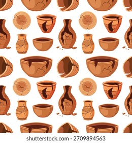 Patrón de cerámica rota. colección de cerámica antigua tradicional, artículos frágiles agrietados. Patrón sin fisuras plano de dibujos animados de Vector.