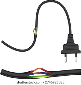 broken power cord vector, damaged electrical cable.