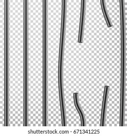 Broken Prison Bars Vector. Way Out To Freedom. Jail Break Concept. Prison-Breaking Illustration. Steel Grid. Transparent Background.