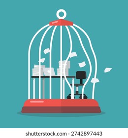 Broken prison with damaged steel bars. quit exhausted day job to start new business. Vector illustration