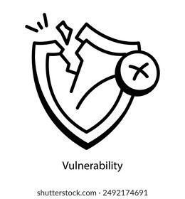 Broken protection shield, vulnerability concept doodle icon 