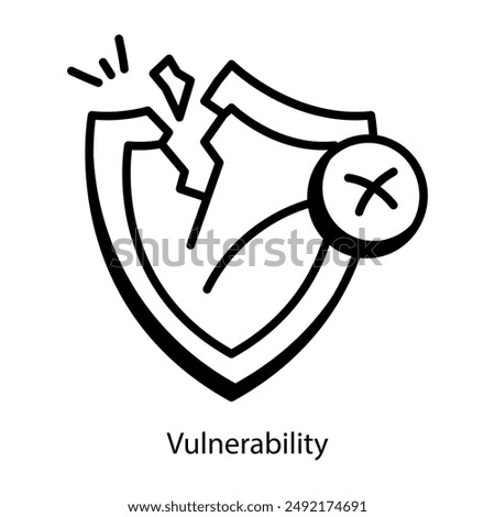 Broken protection shield, vulnerability concept doodle icon 