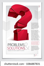 Broken Question Mark exploding brochure or flyer design, Query breaking to pieces, vector 3d realistic illustration. Special character conceptual symbol, doubt, difficulty, FAQ and support concept.