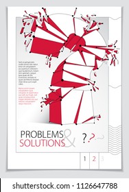 Broken Question Mark exploding brochure or flyer design, Query breaking to pieces, vector 3d realistic illustration. Special character conceptual symbol, doubt, difficulty, FAQ and support concept.