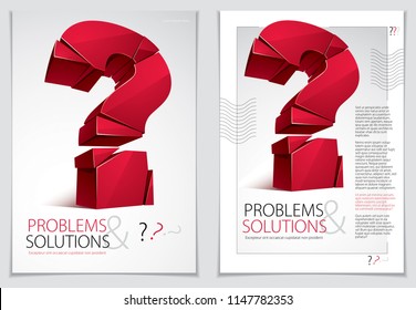 Broken Question Mark exploding brochure or flyer design, Query breaking to pieces, vector 3d realistic illustration. Special character conceptual symbol, doubt, difficulty, FAQ and support concept.