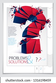 Broken Question Mark exploding brochure or flyer design, Query breaking to pieces, vector 3d realistic illustration. Special character conceptual symbol, doubt, difficulty, FAQ and support concept.