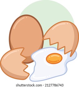 Broken raw chicken or bird egg food cooking ingredients. Vector Illustration with full colour and clean lines. Simple flat art styled drawing isolated on green circle and white square background.