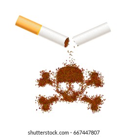 Broken realistic cigarette with tobacco leaves in skull sign. Smoking kills concept illustration isolated on white.