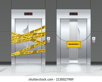 Broken realistic elevator. Lifts doors under repair. Warning ribbons. Buildings mechanism breakdown. 3D hallway interior. Faulty cabin gates. Doorways and marble floor