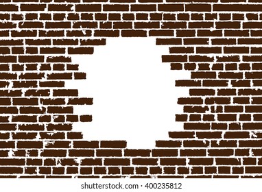Broken realistic old brown brick wall concept on white background. Vector illustration