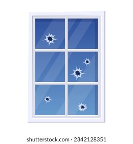 Forma rectangular de ventana rota con ilustración de hoyos. Dibujo de caricatura de una ventana rota con agujeros de pistolas aislados en fondo blanco. Violencia, peligro, daños, concepto de destrucción