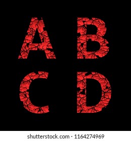 Broken red A,B,C,D letters over black background. Vector illustration