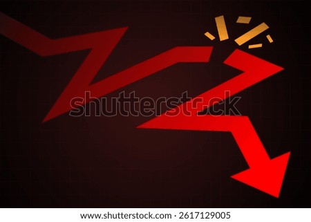 Broken red arrow dropping sharply on dark grid, symbolizing financial collapse and market panic. Vector illustration. Concept of recession, instability, downturn, bankruptcy, crisis.