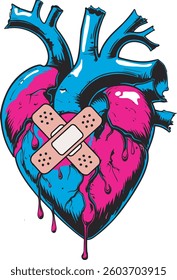 The broken red and blue human heart. Comic style illustration isolated on white background. The concept of reconciliation and healing.
