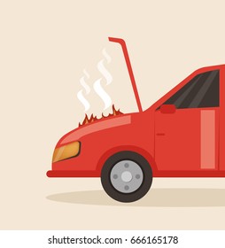 Broken red car with open hood. Vector flat cartoon illustration
