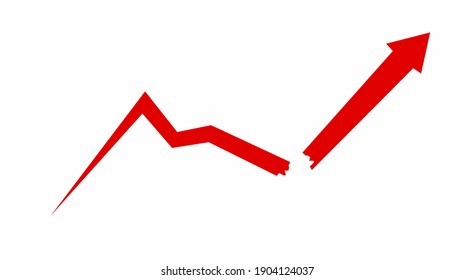 A broken red downward trend arrow, reversed to trend upwards. Symbol of disruption, reversal of losses, stock market manipulation, profit, growth and turnaround.