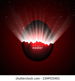 Broken red easter egg and universe. Rays of light and space with stars from cracks in an easter egg on a dark background. Vector, space for text, creative greeting card design