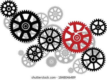 Broken red gear in the mechanism. Black silhouette gears on a white background. Broken mechanism image. Vector illustration.