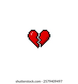 Broken red heart black outline. Y2K hurt cracked heart icon in pixel art. Unhappy love symbol aesthetic digital 8 bit style. Vector graphic romantic decoration. Amour emoji sign isolated