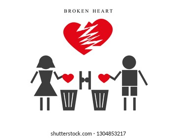 Broken red heart, boy and girl drop red heart to bin. Love concept. 