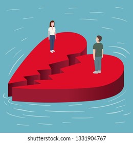 Broken Red Heart Floating on the sea with a man and woman standing opposite to eachother cartoon vector illustration