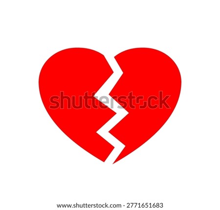 Broken red heart icon. Break hearts. Broken to two pieces. Emotional symbol of divorce. Emoji heartbreak. Breakup couple. Concept separation regret. Tragic separated. Broken love. Vector illustration
