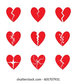 Broken Red heart icon set. Tragedy, drama concept