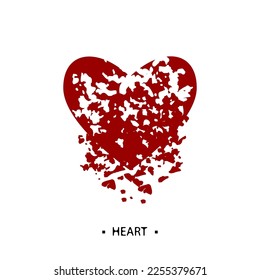 Broken red heart into small pieces. Vector illustration.