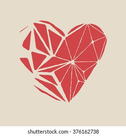 Broken red heart. Polygonal heart shape. Vector illustration.