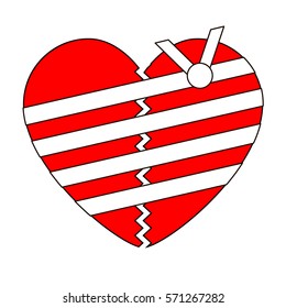 Broken red heart with wound and bandage in white background. Vector illustration. Flat style. 