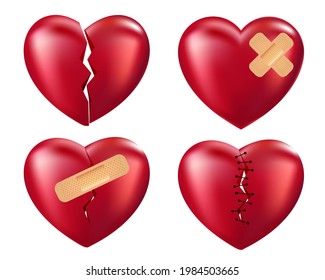 Broken red hearts with plaster, wound, patches, stitches and bandages isolated on white background. 3d realistic icons collection of split hearts. Vector EPS10