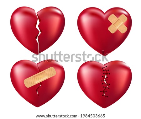 Broken red hearts with plaster, wound, patches, stitches and bandages isolated on white background. 3d realistic icons collection of split hearts. Vector EPS10