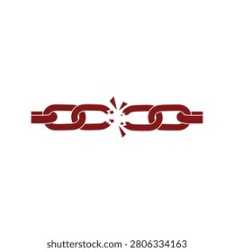 Broken red metal chain link symbolizing failure disconnection weakness or separation vector