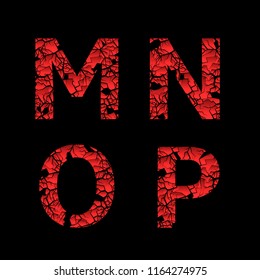 Broken red M,N,O,P letters over black background. Vector illustration