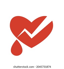 Broken red shape heart with drop blood on white background. Modern illustration. Simple object in flat style, great design for any purposes. Celebration, romance template. Vector.