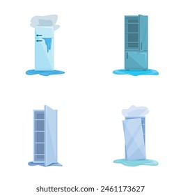 Broken refrigerator icons set cartoon vector. Damaged fridge with water flowing. Home appliance, repair service