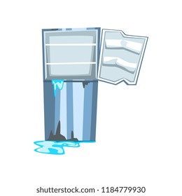 Broken Refrigerator With Leaking Water, Damaged Home Appliance Cartoon Vector Illustration On A White Background