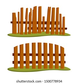 Broken and refurbished brown fence on a white background. Flat vector illustration.