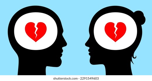 Broken relations concept vector illustration. Couple with broken hearts looking at each other.