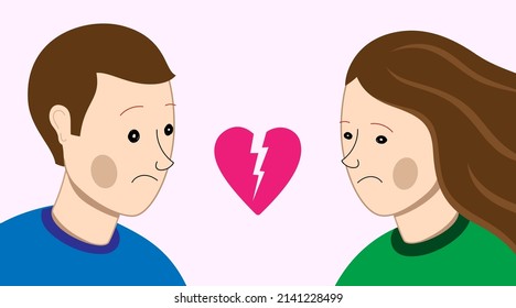 Broken relations, divorce concept vector illustration. White couple with sad faces looking at a broken heart.