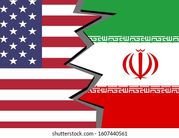 The broken relationship between USA and Iran. Flag of USA and Iran torn apart - Political Tension. vector and illustration.