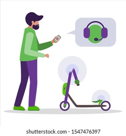 Broken rented kick electric scooter. A young man writes in an app, calls technical support by phone to repair and pay insurance. Vector illustration on a white background