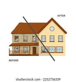 Broken and repaired house. Home before and after repair. Renovation building. Old abandoned dilapidated and new suburban cottage. House damaged cataclysm, earthquake and hurricane. Vector